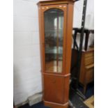 Morris of Glasgow Illuminated corner cabinet with glazed top door.   H:74 x W:24 x D:14 Inches. See 