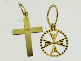 9ct Yellow Gold Crucifix pendant plus a 9ct Yellow gold encircled crucifix pendant. Total weight 0