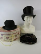 Vintage Bowler and Top Hats and a hat box.