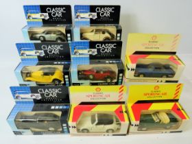 Five, Die Cast models of classic cars plus three Shell Classic Sports cars. All boxed and unused.