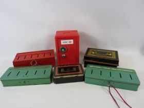 5 vintage cash boxes and bank safe money box.