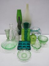 Various green vintage and modern art glass including a urainium glass bowl.
