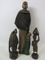 Tall Resin african figurine, 16.5" tall plus a carved wooden bust and figurine.