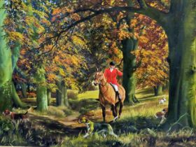 Beautifully painted Oil On Canvas of a Forest Fox Hunting scene by FG Noble.  Mounted in a Gilt fram