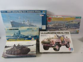 Selection of Scale model plastic kits, Battleships, Tank & SAS LRDG Pink Land Rover. all believed t