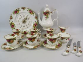 Royal Albert Old Country Roses Coffee set, clock and knives. 19 Pieces in total.