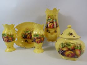 5 Pieces of Aynsley Orchard Gold pattern china, Vases and lidded jars.