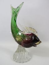 Vintage Murano glass fish with internal bubbles and gold flakes, approx 10" tall.