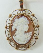 Shell Cameo brooch with 9ct Yellow gold mount/surround. Can be worn as a pendant. Total Weight 6.2g,