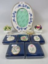 Aynsley occasions photo frame, 5 Brooches, 2 posies and a trinket box.