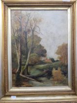 Oil on Canvas studies of trees. Bears the signature of artist E Lowis and dated 1905. Mounted in gil
