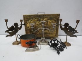 Mixed lot to include a brass magazine rack, angel candsticks, candleabra etc.