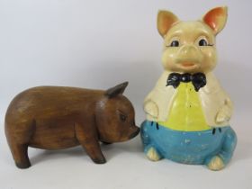 Vintage Elgrave money box Mr Pig plus a wooden pig figure,