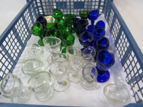 Large selection of vintage glass medical eye washes.