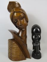 Oriental carved wooden bust plus a african carved wooden bust, the tallest measures 15" tall.