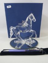 Swarovski crystal Stallion figurine, 5 3/4" tall and 5 3/4" long plus a swarovski crystal pen.