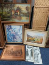 Oil on Board of a watermill plus various framed and mounted prints plus a copper plate engraving of