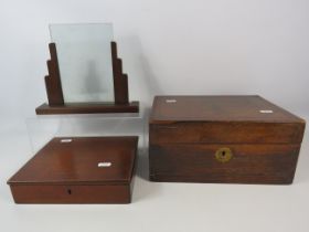 Vintage oak storage box, cigar box and art deco picture frame.