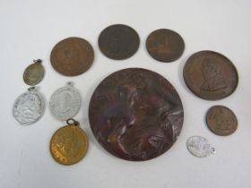Selection of bronze medals / coins including a 1906 Milan exibition medal.
