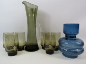 Smokey glass lemonade set , jug with 6 glasses plus a retro blue hooped vase.