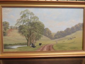 Original Oil on Canvas 'Hunden Manor Farm' signed Marjorie E Burton  Mounted in frame which measures