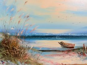 Beautifully painted framed oil on canvas of a coastal beach scene showing dunes and a boat anchored