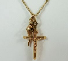 Three 9ct Yellow Gold pendants, set on an 18 inch Yellow Gold chain. Total weight 3.4g
