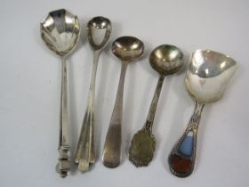 5 Antique Sterling silver spoons, Caddy, condiment, preseve etc, 77 grams.