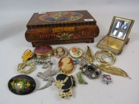 Vintage wooden Jewellery box a nd a selection of brooches including Miracle.