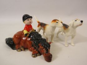 John Beswick Thelwell figurine "Kick Start" plus 2 Beswick fox hounds/