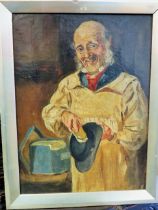 Beautifully painted thick oil on canvas of an old man cleaning his hat, quite possibly Victorian era