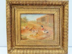 Well painted oil on board of a farmyard scene housed in an antique frame which measures 17 x 15.  Be