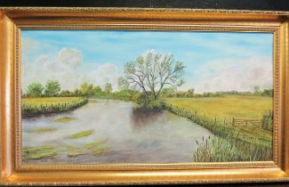 Original Oil on board Signed J R Osgerby  1989  'Tranquil River'  Mounted in gilt frame which measur