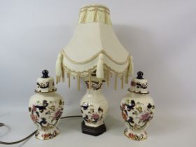 2 Masons blue mandalay lidded urn vases plus a table lamp.