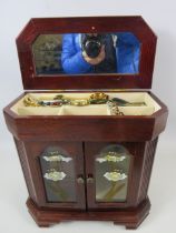 Wooden jewellery box and selection of costume jewellery and 4 wristwatches.