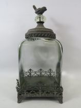 Large Edwardian style shop glass sweet jar with metal bird detailed top and tray. 15.5" tall