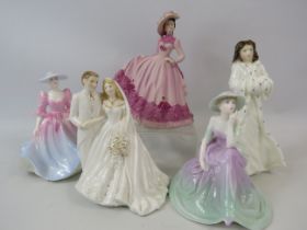 5 various figurines by Coalport, Royal Worcester and Royal Doulton, the tallest measures 6" tall.
