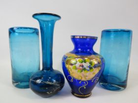 2 Vintage art glass beakers, a Mdina vase and a bohemian vase.