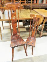 Two Forest maded stained pine high backed spinning stools. Largest 42 inches tall. See photos.