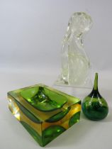 Flavio Poli Sommerso Murano glass ashtray, a Caithness paperweight and a art glass dog.