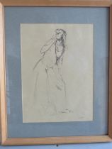 Pencil and brush sketch of a full length Female Study by J.C Edwards.  Framed and mounted under glas