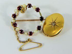 Diamond set, Rolled gold clip together with a Yellow metal brooch set with seed pearls and Amethysts