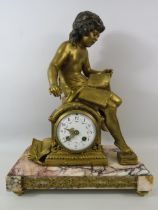 Antique French Societe Clusienne Gilt bronze figural mantle clock on a marble base in working