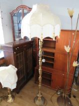 Brass standard lamp with fancy shade will need attention to work.   66 inches tall.   See photos.  S