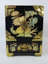 Oriental jewellery box with mother of pearl inlay and brass fittings, approx 8 1/4" tall 6" wide and
