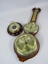 Small enamel faced barometer plus a banjo clock, barometer, thermomter (thermometer missing)