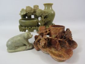 3 Pieces of carved oriental soapstone, vase, pig and brush pot.