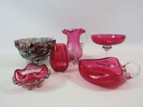 Victorian End of day art glass bowl and a selection of cranberry glass.