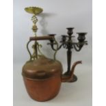 Copper kettle, candelabra and a Candle stand 20" tall.