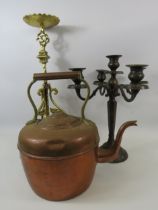 Copper kettle, candelabra and a Candle stand 20" tall.